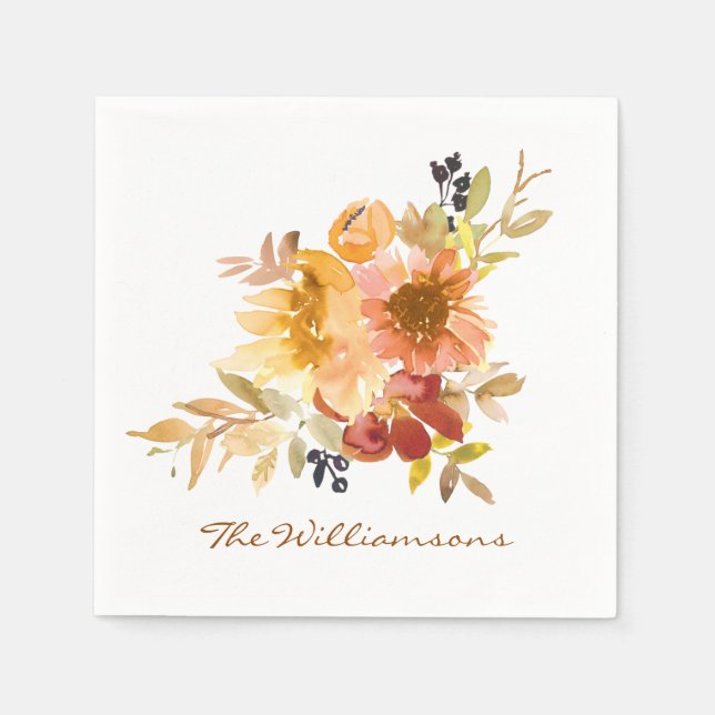Stylish Autumn Fall Watercolor Floral Personalised Napkin (Front)
