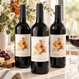 Stylish Autumn Fall Watercolor Floral Personalised Wine Label