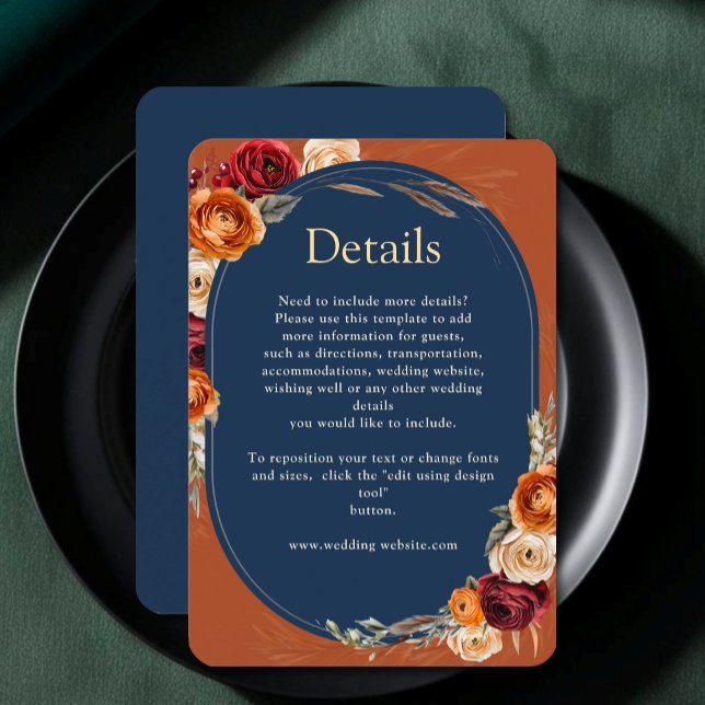 Stylish autumn orange navy floral wedding details  enclosure card (Creator Uploaded)