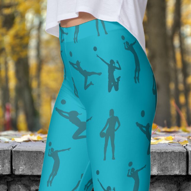 Stylish Azure Blue Womens Volleyball Pattern Leggings (Womens Volleyball on Deep Azure Blue Leggings)