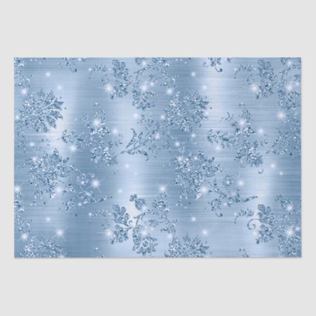 Stylish Baby Blue Glitter and Foil Floral Tissue Paper (Front)