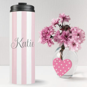 Stylish Baby Pink and White Stripes Custom Thermal Tumbler
