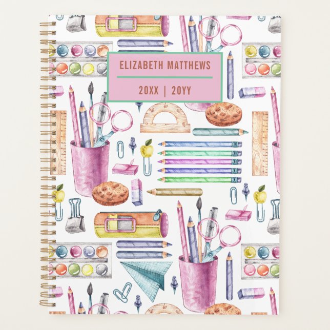 Stylish back to school supplies Pattern Name White Planner (Front)