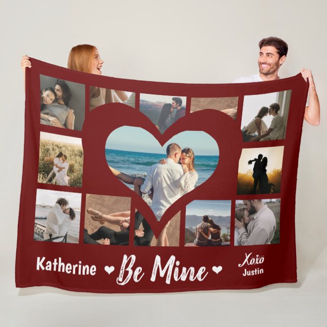 Stylish Be Mine Valentine XO Photo Collage Red Fleece Blanket (In Situ)