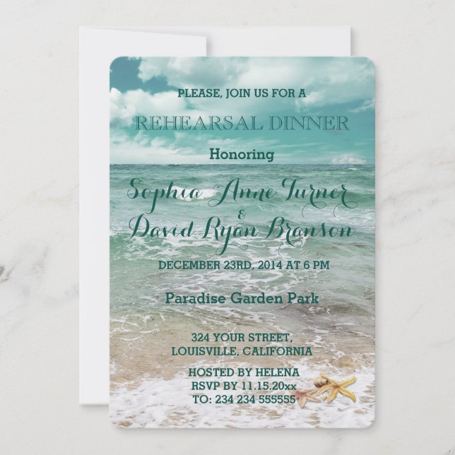 Stylish Beach Starfish Wedding REHEARSAL DINNER Invitation (Front)
