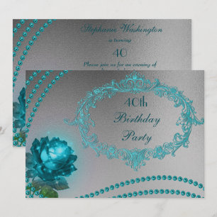 Stylish Beads & Shiny Blue Rose Birthday Party Invitation