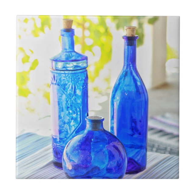 Stylish Beautiful 3 Blue Glass Sunny Bottles Tile (Front)