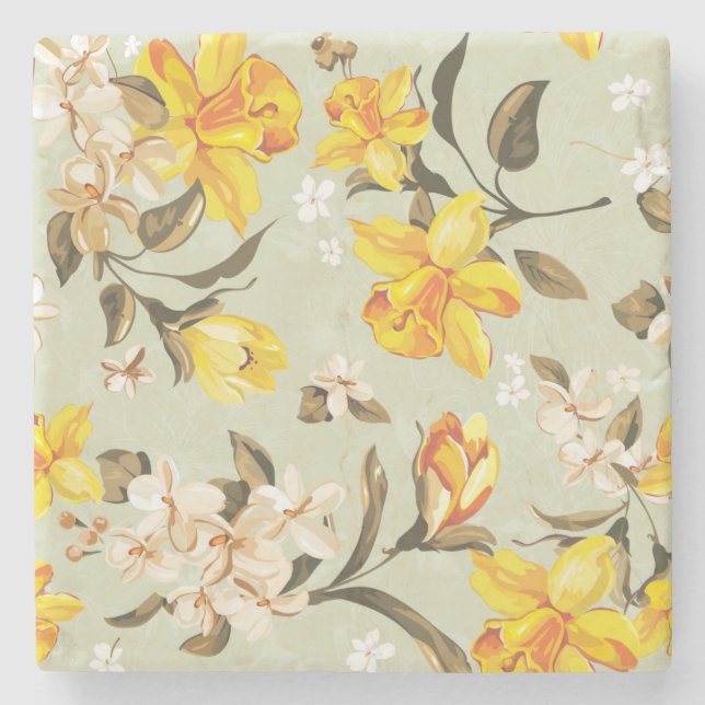 Stylish beautiful bright floral pattern stone coaster (Front)