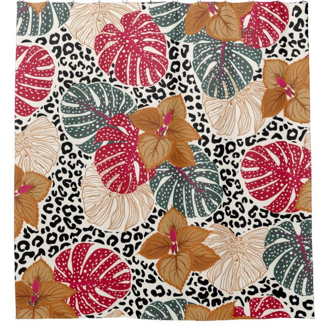 Stylish beautiful tropical forest print on leopard shower curtain (Front)