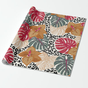 Stylish beautiful tropical forest print on leopard wrapping paper