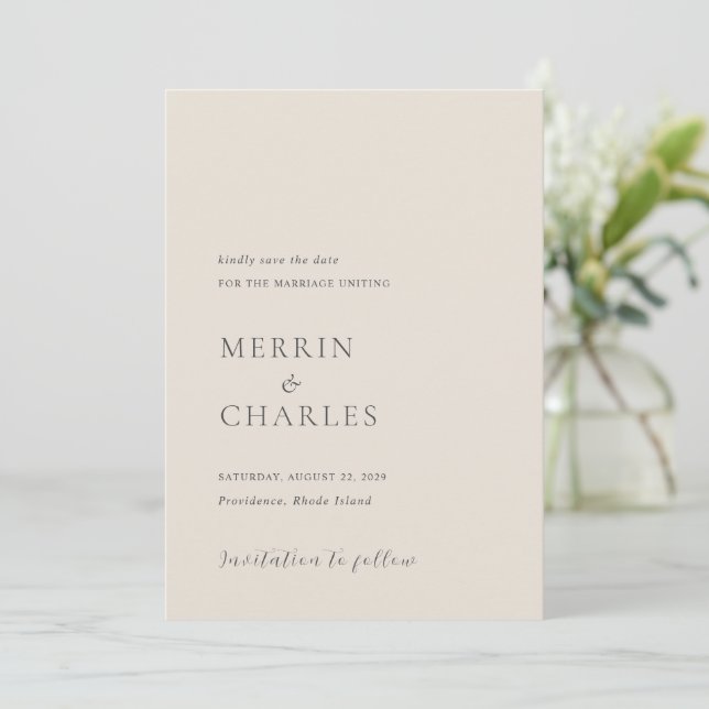 Stylish Beige Modern Wedding Save The Date (Standing Front)