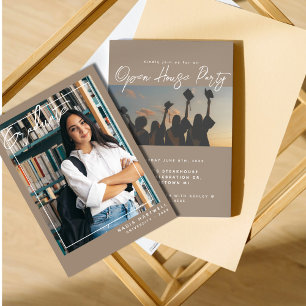 Stylish Beige   Two Photo Graduation Open House Invitation