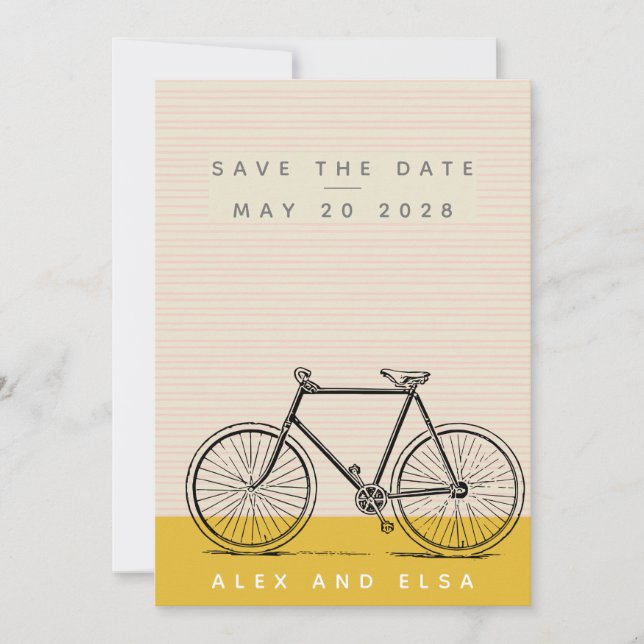 Stylish Bike Illustration Blush and Yellow Name Save The Date (Front)