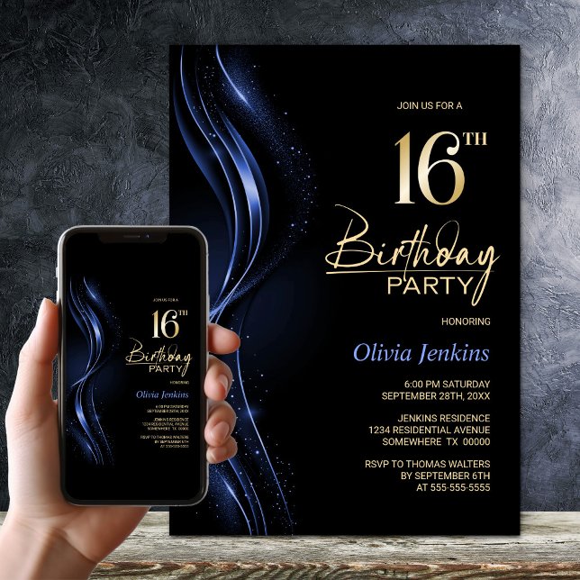 Stylish Black and Blue 16th Birthday Party Invitation (Creator Uploaded)