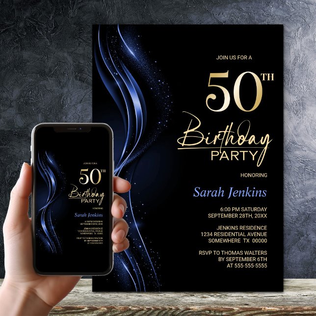 Stylish Black and Blue 50th Birthday Party Invitation (Creator Uploaded)