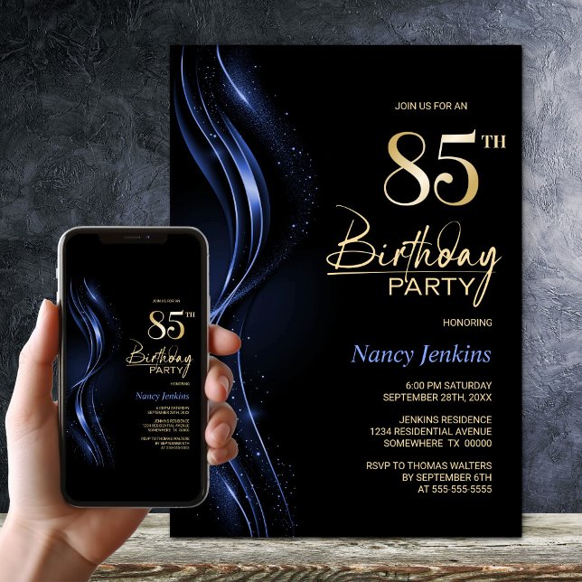 Stylish Black and Blue 85th Birthday Party Invitation (Creator Uploaded)