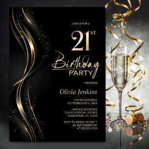 Stylish Black and Gold 21st Birthday Party Invitation