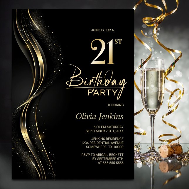 Stylish Black and Gold 21st Birthday Party Invitation (Creator Uploaded)