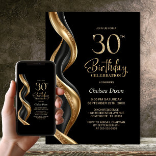 Stylish Black and Gold 30th Birthday Party Invitation
