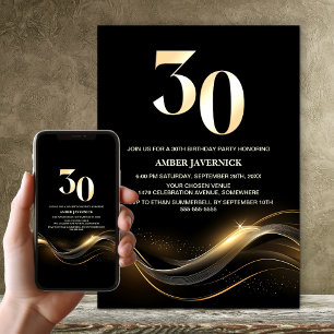 Stylish Black and Gold 30th Birthday Party Invitation