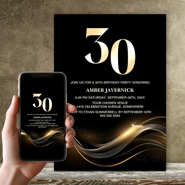 Stylish Black and Gold 30th Birthday Party Invitation (Creator Uploaded)