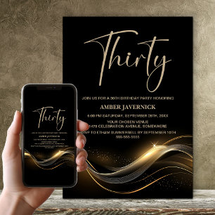 Stylish Black and Gold 30th Birthday Party Invitation