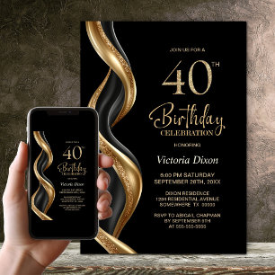 Stylish Black and Gold 40th Birthday Party Invitation