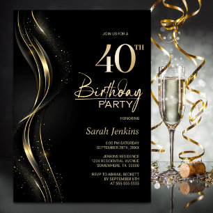 Stylish Black and Gold 40th Birthday Party Invitation