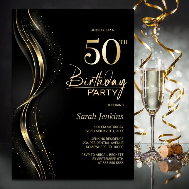 Stylish Black and Gold 50th Birthday Party Invitation (Creator Uploaded)