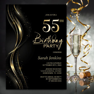 Stylish Black and Gold 55th Birthday Party Invitation
