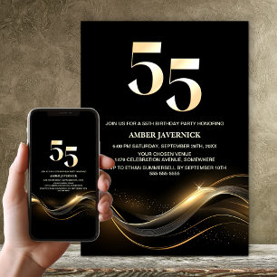 Stylish Black and Gold 55th Birthday Party Invitation