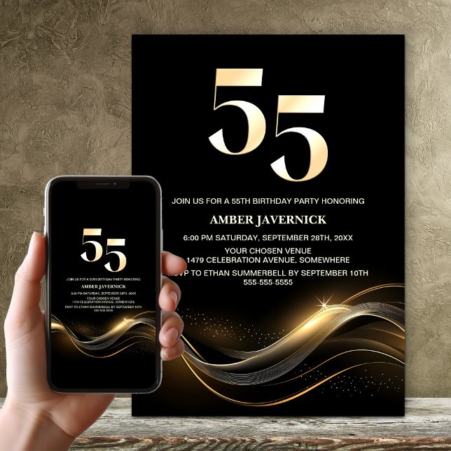 Stylish Black and Gold 55th Birthday Party Invitation (Creator Uploaded)