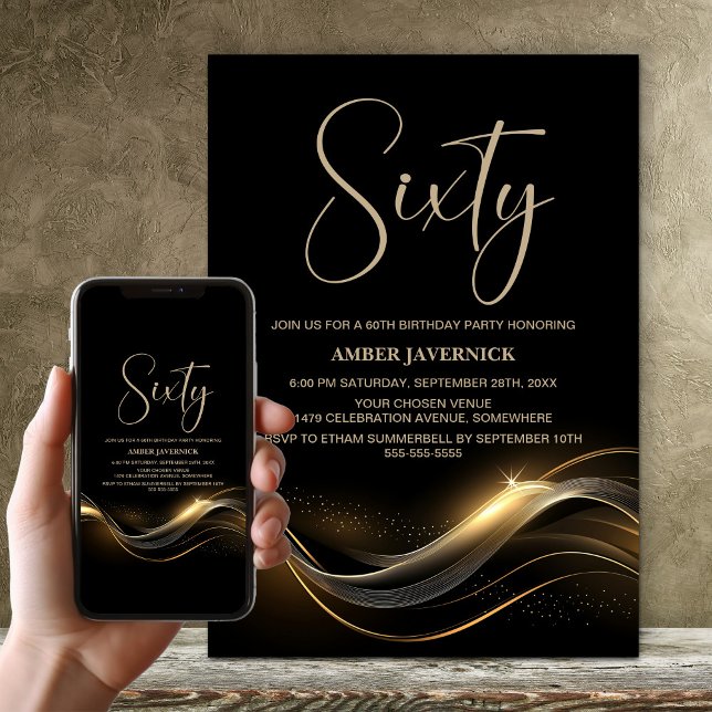 Stylish Black and Gold 60th Birthday Party Invitation (Creator Uploaded)