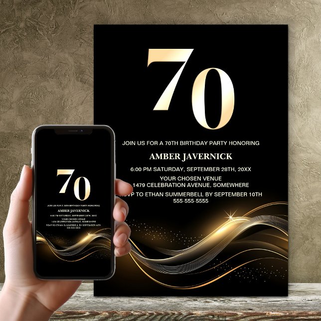 Stylish Black and Gold 70th Birthday Party Invitation (Creator Uploaded)