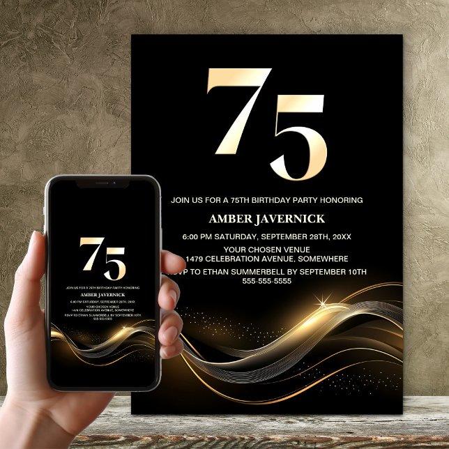 Stylish Black and Gold 75th Birthday Party Invitation (Creator Uploaded)
