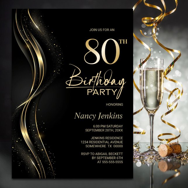 Stylish Black and Gold 80th Birthday Party Invitation (Creator Uploaded)