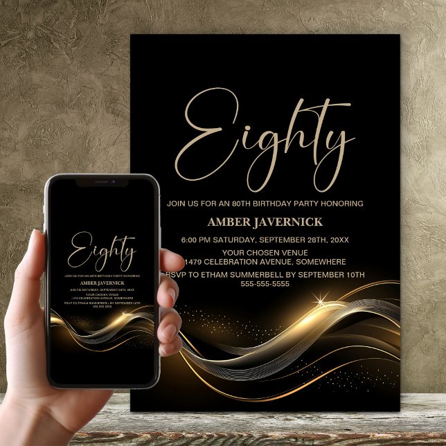 Stylish Black and Gold 80th Birthday Party Invitation (Creator Uploaded)