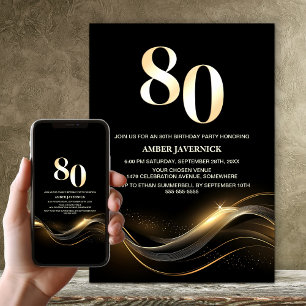Stylish Black and Gold 80th Birthday Party Invitation