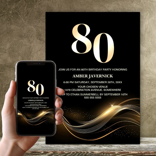 Stylish Black and Gold 80th Birthday Party Invitation (Creator Uploaded)