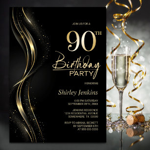 Stylish Black and Gold 90th Birthday Party Invitation