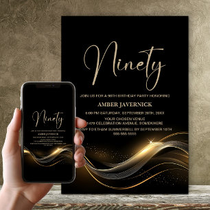 Stylish Black and Gold 90th Birthday Party Invitation