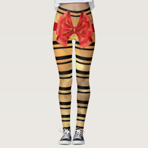 Stylish Black and gold glitter Stripes Modern Bow Leggings