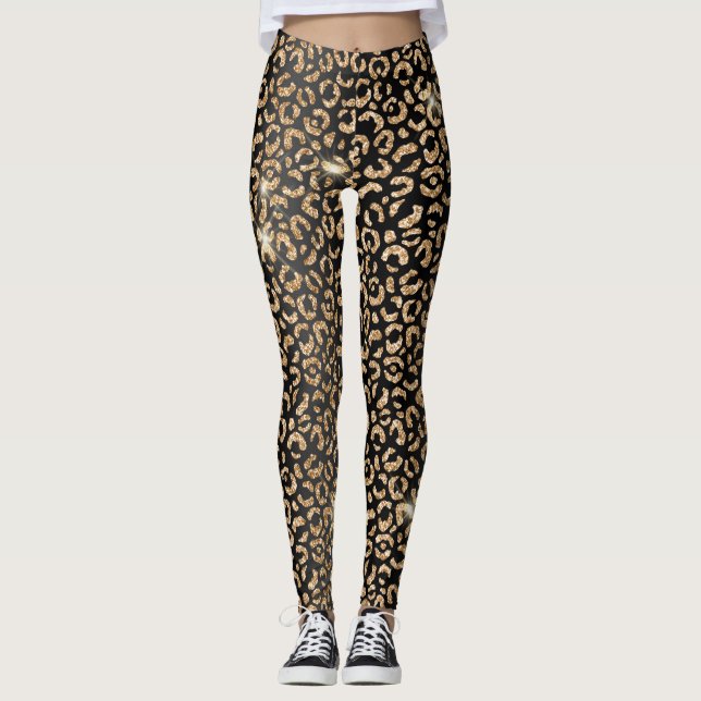 Stylish Black and Gold Glitter Wild Leopard Spots Leggings (Front)