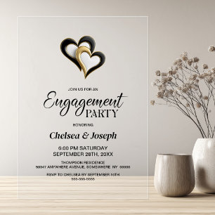 Stylish Black and Gold Hearts Engagement Party Acrylic Invitations