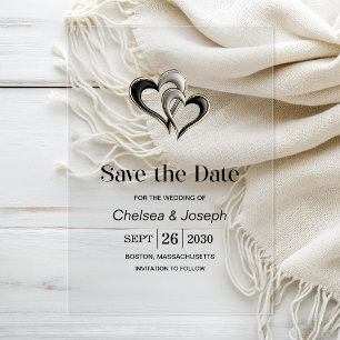 Stylish Black and Gold Hearts Save the Date Acrylic Invitations