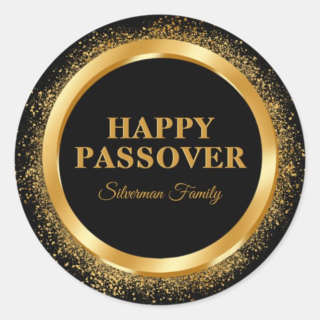 Stylish Black and Gold Hebrew Happy Passover Classic Round Sticker (Front)