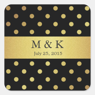Stylish Black and Gold Polka Dots Monogram Square Sticker