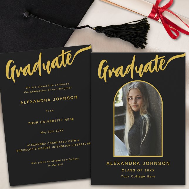 Stylish Black and Gold Script Graduate Photo Announcement (Minimalist black  and gold calligraphy script graduate photo arch Graduation announcement card)