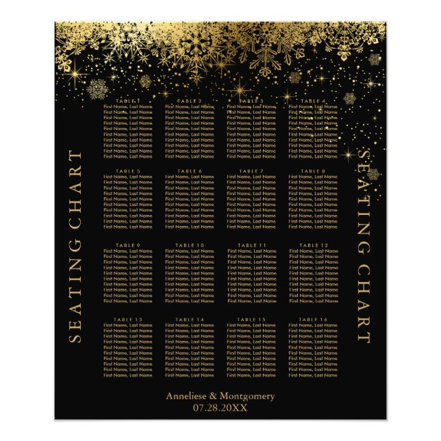 Stylish Black and Gold Snowflakes - Seating Chart Photo Print (Front)