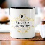 Stylish Black and Gold Vintage Groomswoman Two-Tone Coffee Mug<br><div class="desc">This stylish black and gold vintage groomswoman coffee mug design features typographic initial,  name and date for a minimalistic feel that can be easily personalised.</div>